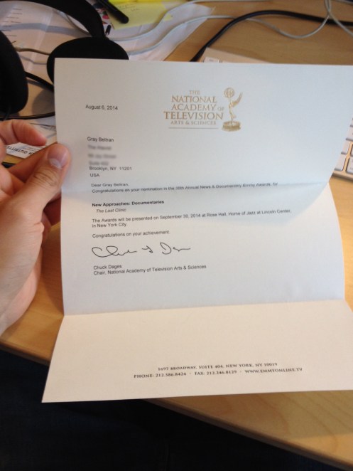 Gray's Emmy nomination letter